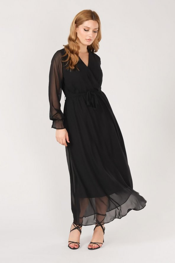 Kadın Kruvaze Yaka Şifon Elbise Siyah - 2