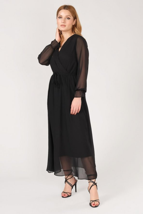 Kadın Kruvaze Yaka Şifon Elbise Siyah - 3