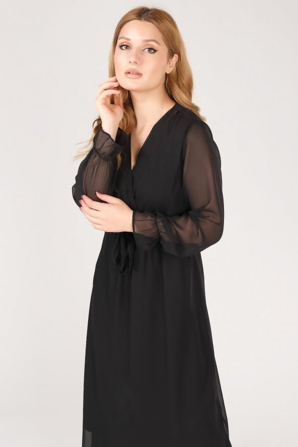 Kadın Kruvaze Yaka Şifon Elbise Siyah - 5