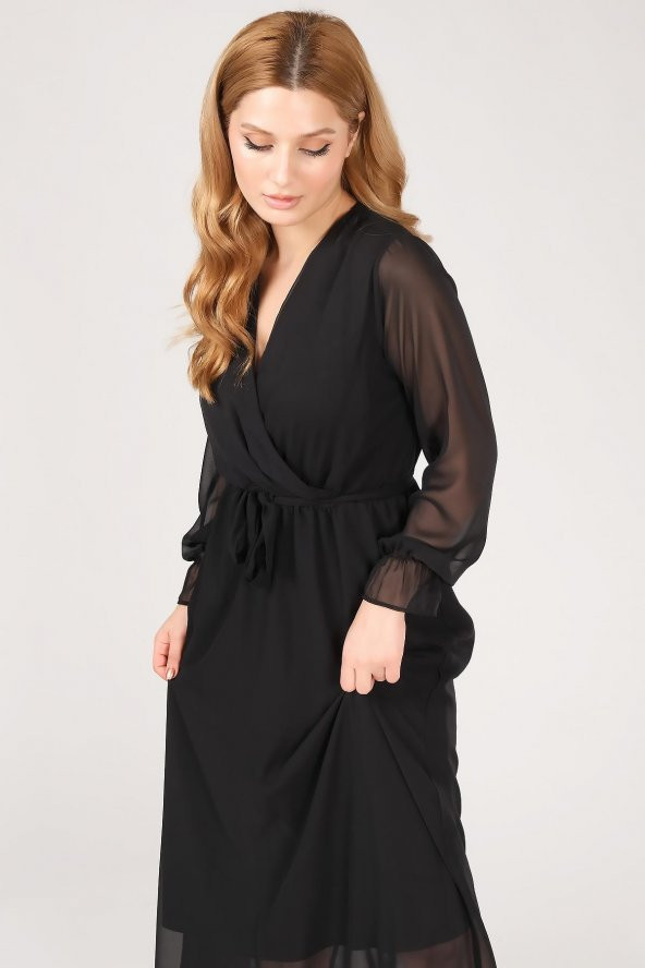 Kadın Kruvaze Yaka Şifon Elbise Siyah - 6