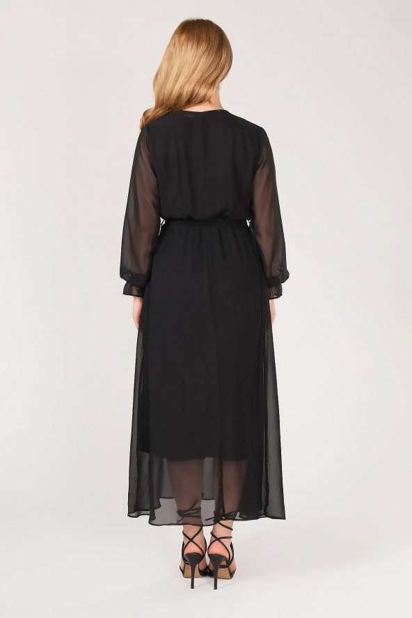 Kadın Kruvaze Yaka Şifon Elbise Siyah - 7