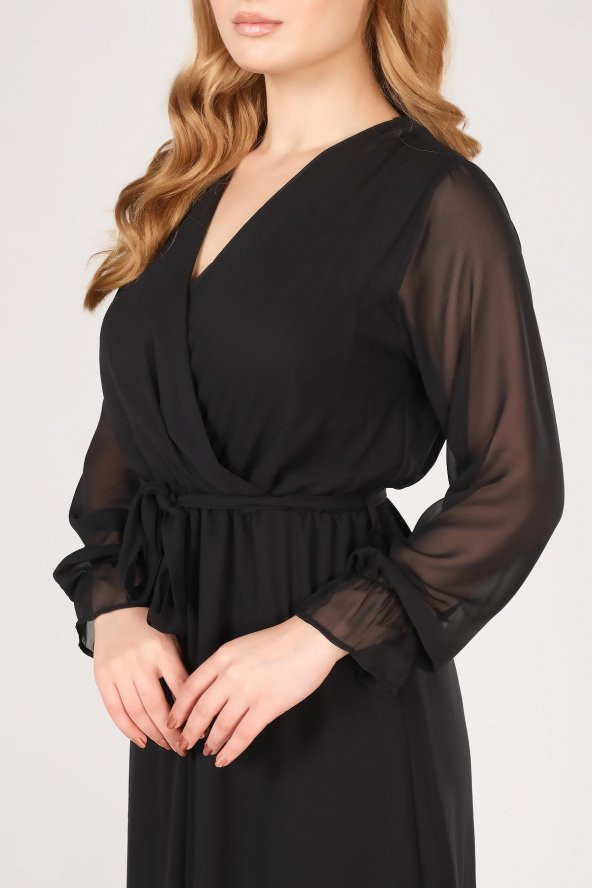 Kadın Kruvaze Yaka Şifon Elbise Siyah - 8