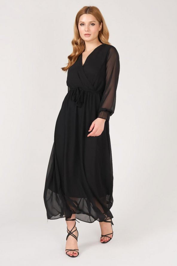 Kadın Kruvaze Yaka Şifon Elbise Siyah