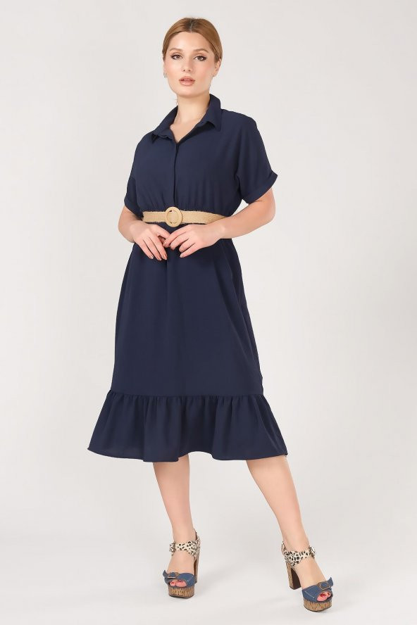 Kadın Etek Ucu Volanlı Hasır Kemerli Elbise Lacivert