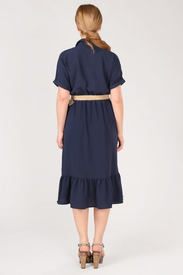 Kadın Etek Ucu Volanlı Hasır Kemerli Elbise Lacivert - 5