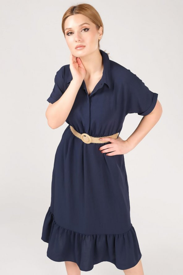 Kadın Etek Ucu Volanlı Hasır Kemerli Elbise Lacivert - 4