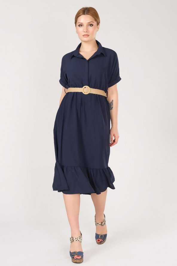 Kadın Etek Ucu Volanlı Hasır Kemerli Elbise Lacivert - 2