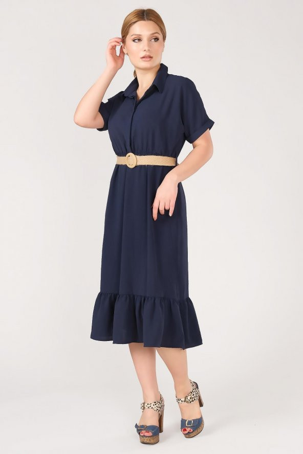 Kadın Etek Ucu Volanlı Hasır Kemerli Elbise Lacivert - 3