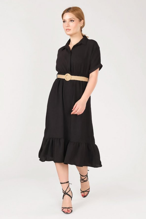 Kadın Etek Ucu Volanlı Hasır Kemerli Elbise Siyah - 2