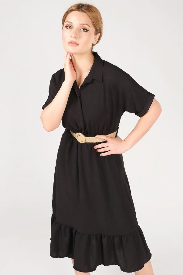 Kadın Etek Ucu Volanlı Hasır Kemerli Elbise Siyah - 3