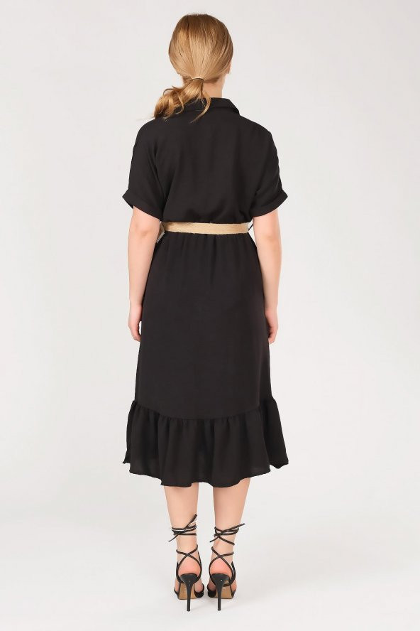 Kadın Etek Ucu Volanlı Hasır Kemerli Elbise Siyah - 4