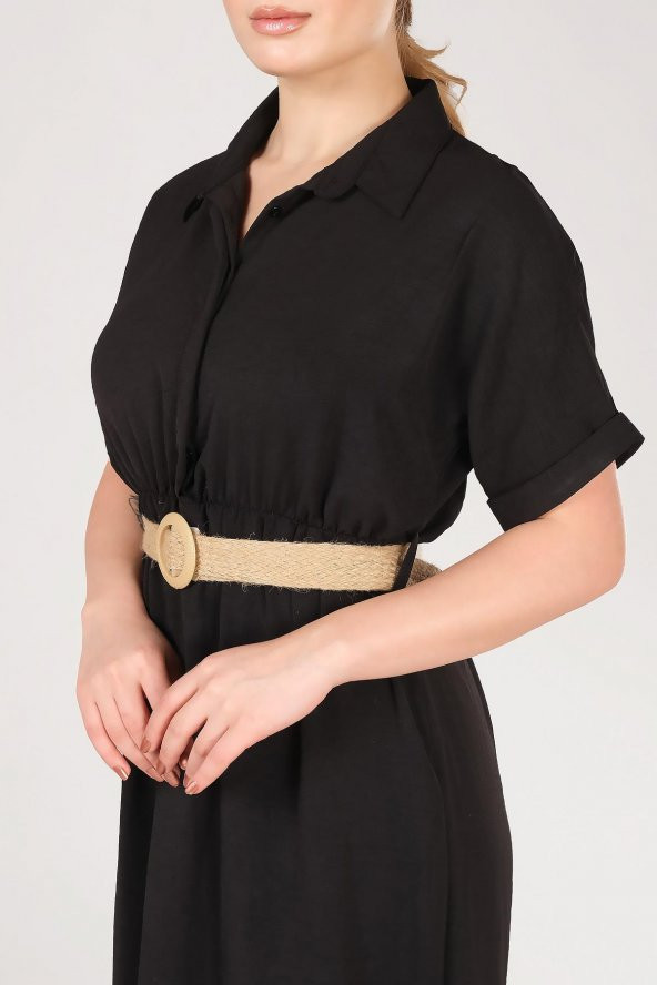 Kadın Etek Ucu Volanlı Hasır Kemerli Elbise Siyah - 5