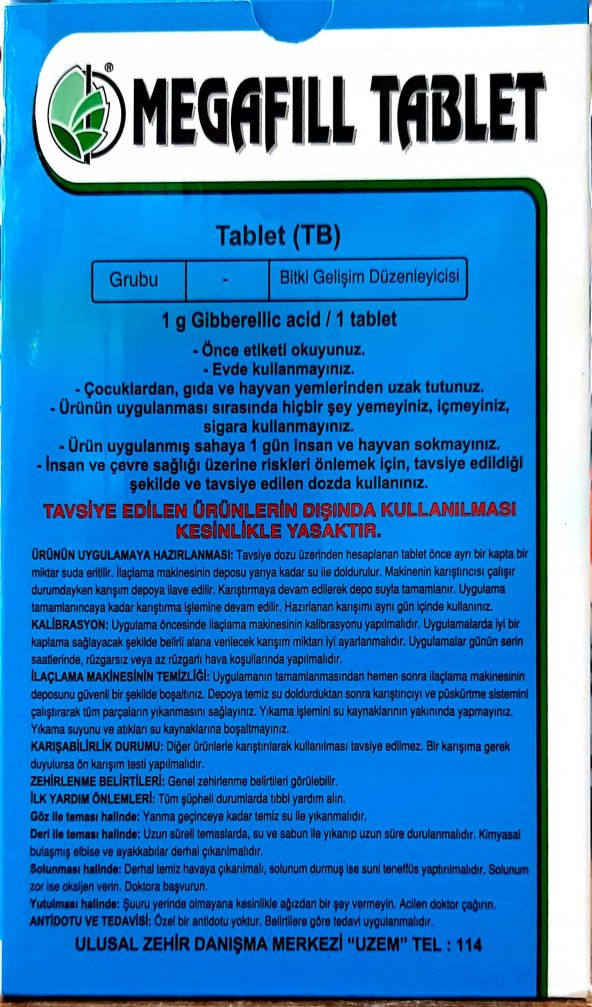 MEGAFİLL TABLET GİBBERELLIC ASİT (PAKET İÇİ =10 X10 GR)