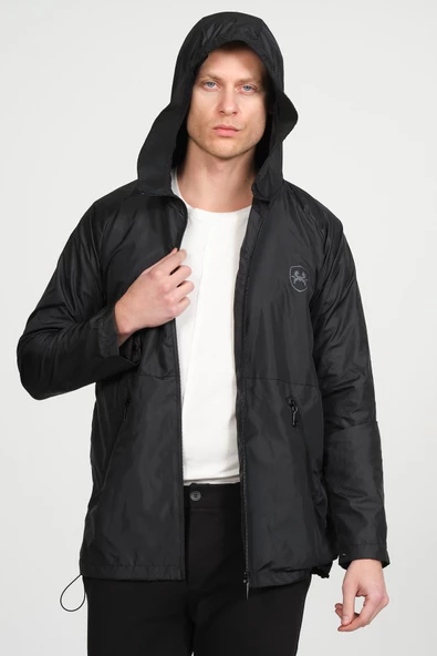 Erkek Dik Yaka Kapüşonlu Fermuarlı Rüzgar ve Su Geçirmez Baharlık İnce Yağmurluk - 12