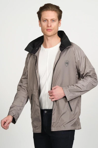 Erkek Dik Yaka Kapüşonlu Fermuarlı Rüzgar ve Su Geçirmez Baharlık İnce Yağmurluk - 7