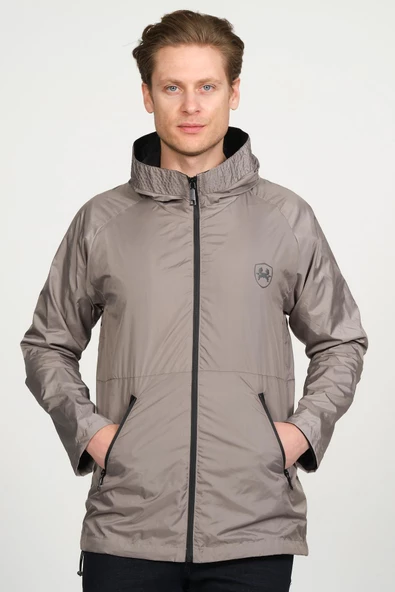 Erkek Dik Yaka Kapüşonlu Fermuarlı Rüzgar ve Su Geçirmez Baharlık İnce Yağmurluk - 2