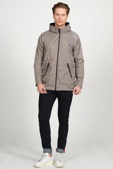 Erkek Dik Yaka Kapüşonlu Fermuarlı Rüzgar ve Su Geçirmez Baharlık İnce Yağmurluk - 8