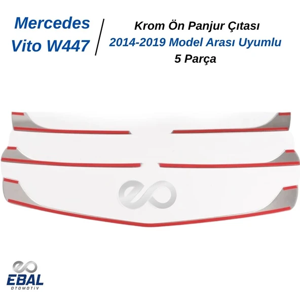 Mercedes Vito W447 Krom Ön Panjur 5 Prç. 2014-2019 Model Arası Uyumlu P. Çelik - 5