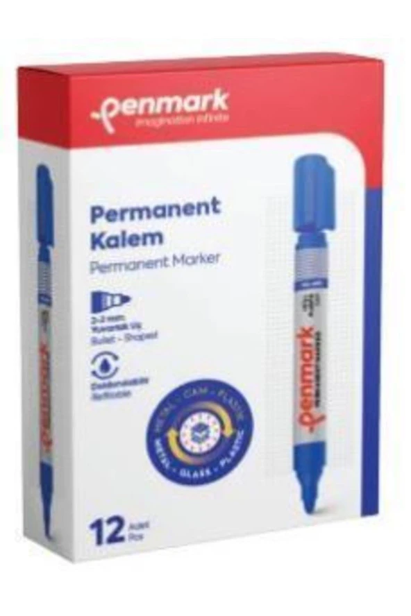 Penmark Permanent Marker Yuvarlak Uçlu Mavi Koli Kalemi (12 Li Paket) - Resim 2