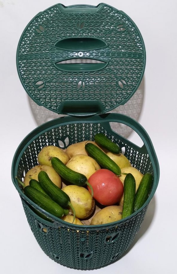 Örgü Desenli Koyu Yeşil Kapaklı 12 Litre Meyve Sebze Sepeti Patates Soğan Çok Amaçlı Hasır Örgü Kova