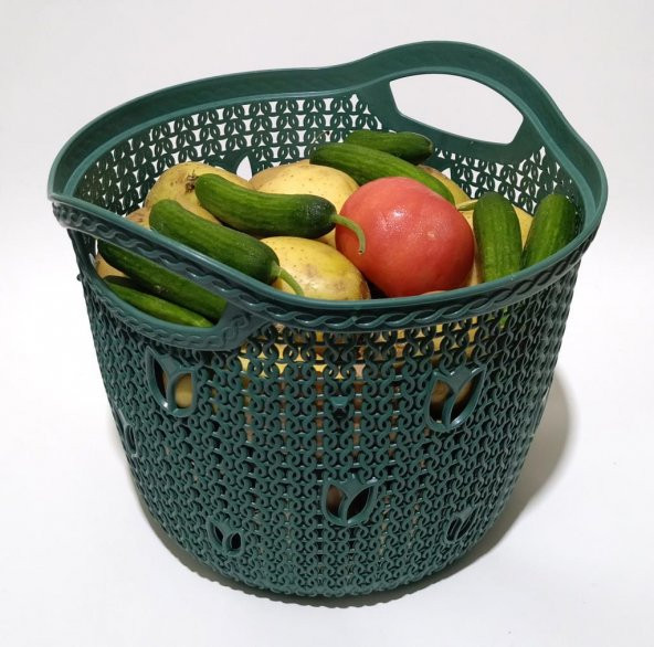 Örgü Desenli Koyu Yeşil Kapaklı 12 Litre Meyve Sebze Sepeti Patates Soğan Çok Amaçlı Hasır Örgü Kova - 3