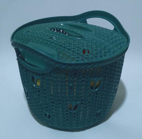 Örgü Desenli Koyu Yeşil Kapaklı 12 Litre Meyve Sebze Sepeti Patates Soğan Çok Amaçlı Hasır Örgü Kova - 4