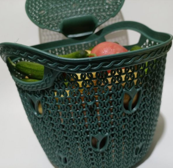 Örgü Desenli Koyu Yeşil Kapaklı 12 Litre Meyve Sebze Sepeti Patates Soğan Çok Amaçlı Hasır Örgü Kova - 5