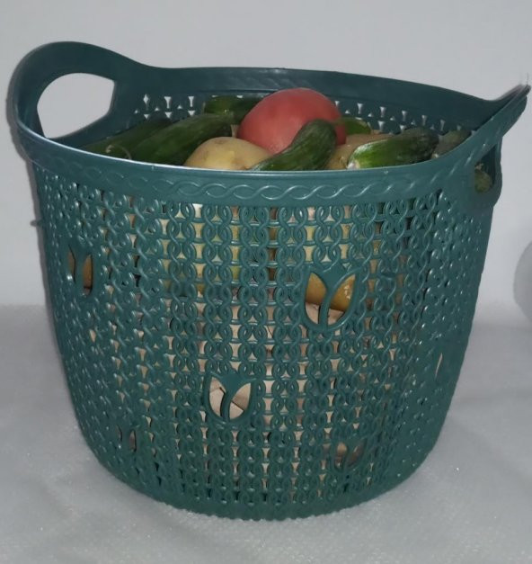 Örgü Desenli Koyu Yeşil Kapaklı 12 Litre Meyve Sebze Sepeti Patates Soğan Çok Amaçlı Hasır Örgü Kova - 6