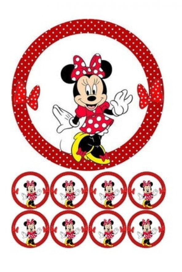 Minnie Mouse Resimli Yenilebilir Şeker Kağıt Pasta ve 8 Adet Kurabiye Baskısı