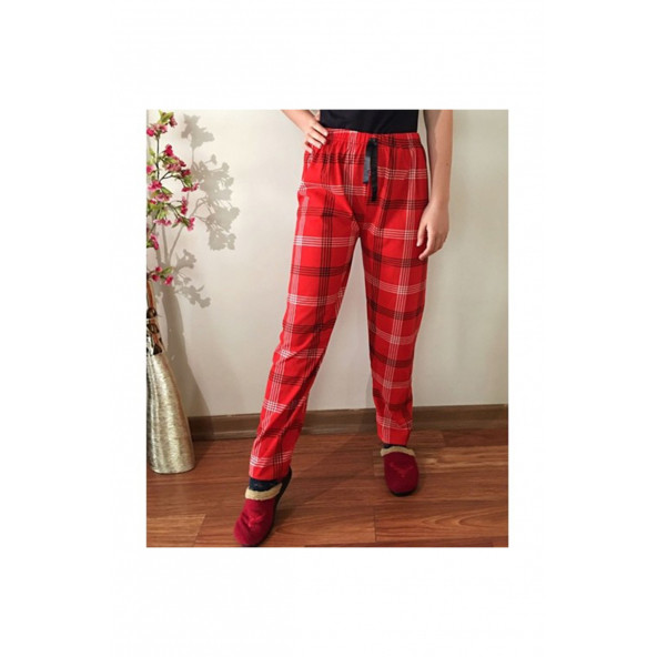 Ekose Desenli Kadın Pijama Altı Kırmızı-beyaz - 1