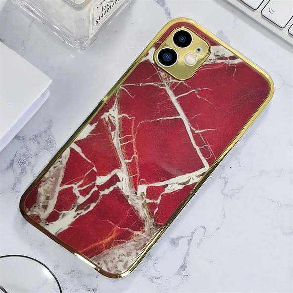 İphone 11 Marble Parlak Mermer Desenli Cam Kare Telefon Kılıfı - Resim 8