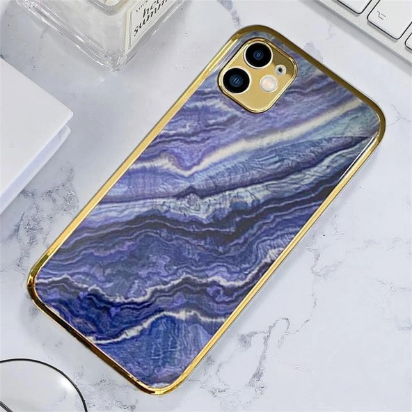 İphone 11 Marble Parlak Mermer Desenli Cam Kare Telefon Kılıfı - Resim 10