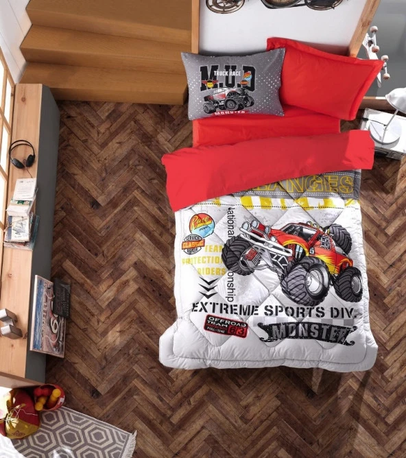 Cotton Box Ranforce Junior Çocuk Odası Tek Kişilik Uyku Seti-Monster Kırmızı