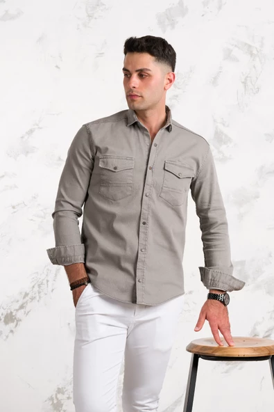 REGULAR FİT ÇİFT CEPLİ RENKLİ ERKEK PAMUKLU KOT GÖMLEK - Resim 2