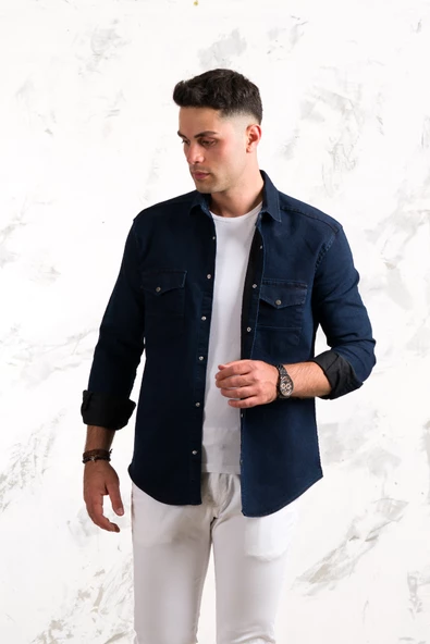 REGULAR FİT ÇİFT CEPLİ RENKLİ ERKEK PAMUKLU KOT GÖMLEK - Resim 9