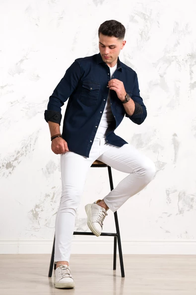 REGULAR FİT ÇİFT CEPLİ RENKLİ ERKEK PAMUKLU KOT GÖMLEK - Resim 7