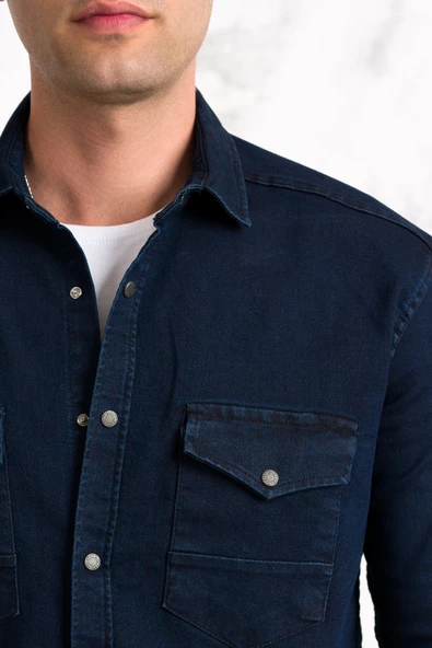 REGULAR FİT ÇİFT CEPLİ RENKLİ ERKEK PAMUKLU KOT GÖMLEK - Resim 12