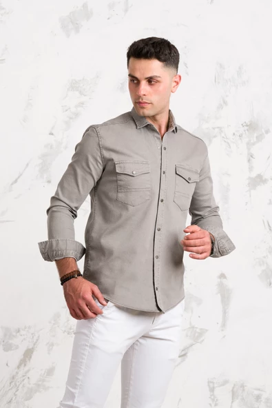 REGULAR FİT ÇİFT CEPLİ RENKLİ ERKEK PAMUKLU KOT GÖMLEK - Resim 4