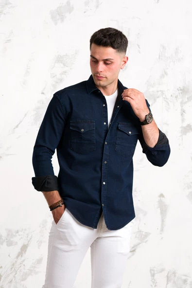 REGULAR FİT ÇİFT CEPLİ RENKLİ ERKEK PAMUKLU KOT GÖMLEK - Resim 10