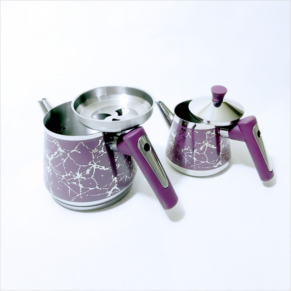 Mor Konik Eğimli Parlak Yüzey Kaliteli 125l.Soğumayan Çeyizlik Hediyelik 2 Kapaklı Çaydanlık Demlik