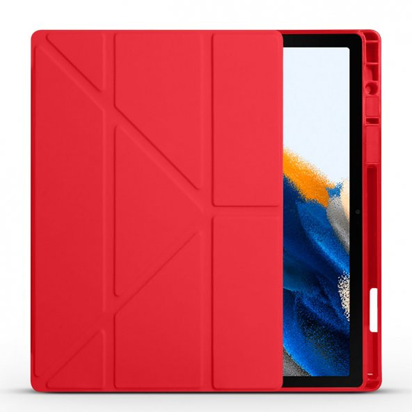KNY Samsung Galaxy Tab A8 10.5 İnç X200 Kılıf Arkası Silikon Standlı Kapaklı Kalemlikli Tri Folding  Kırmızı