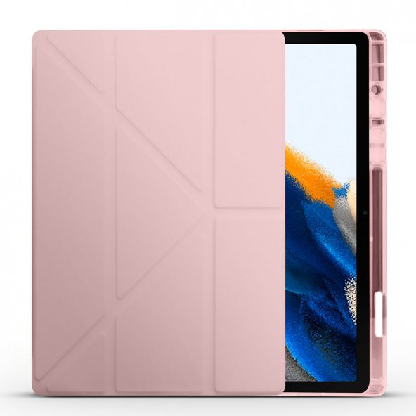 KNY Samsung Galaxy Tab A8 10.5 İnç X200 Kılıf Arkası Silikon Standlı Kapaklı Kalemlikli Tri Folding  Rose Gold