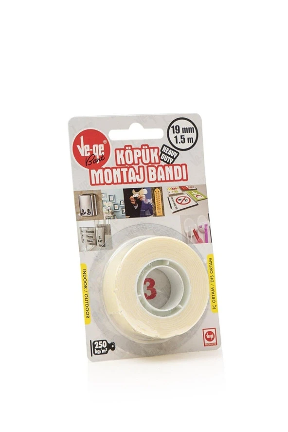 Ve-Ge Çift Taraflı Köpük Bant 19 MM x 1.5 Metre Köpük Montaj Bantı (48 Li Paket)