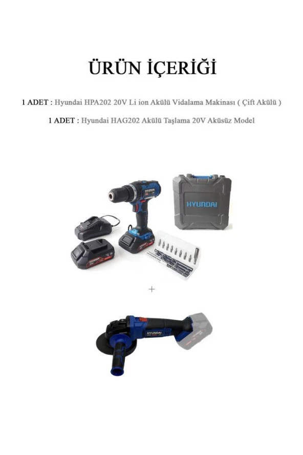 Hyundai Akülü Taşlama 20V Aküsüz + 20V Li ion Vidalama Çift Akülü - Resim 7