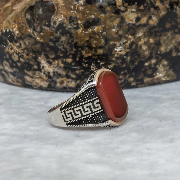 Grek Desenli Akik Taşlı 925 Gümüş Erkek Yüzük - 5