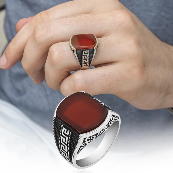 Grek Desenli Akik Taşlı 925 Gümüş Erkek Yüzük - 8