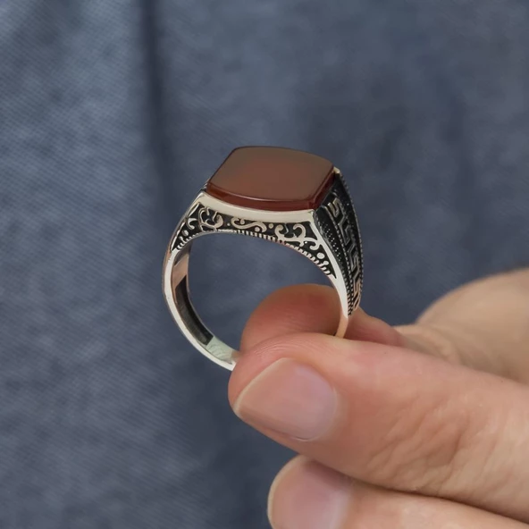 Grek Desenli Akik Taşlı 925 Gümüş Erkek Yüzük - 9