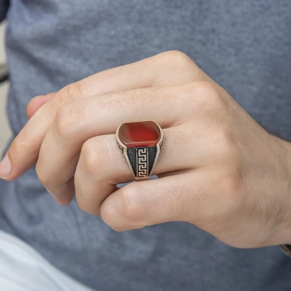 Grek Desenli Akik Taşlı 925 Gümüş Erkek Yüzük - 10