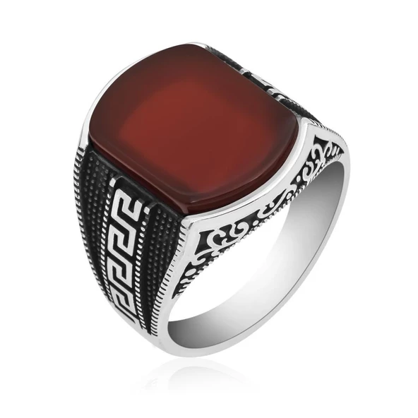 Grek Desenli Akik Taşlı 925 Gümüş Erkek Yüzük - 7