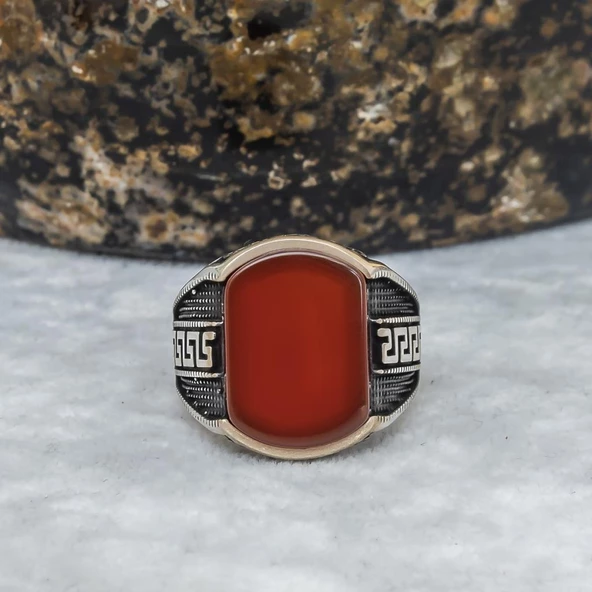 Grek Desenli Akik Taşlı 925 Gümüş Erkek Yüzük - 4